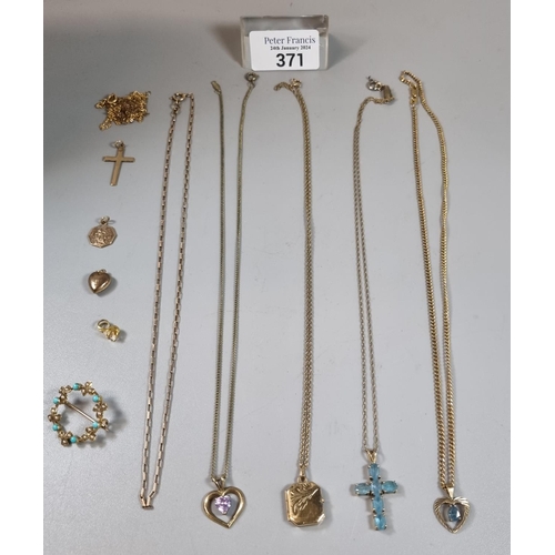 371 - Bag of assorted gold and other items to include: chains, 9ct gold crucifix pendant, locket, brooch w... 