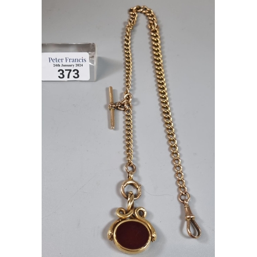 373 - 15ct gold curb link Albert pocket watch chain with T bar and blood stone fob.  63.8g approx.  Length...
