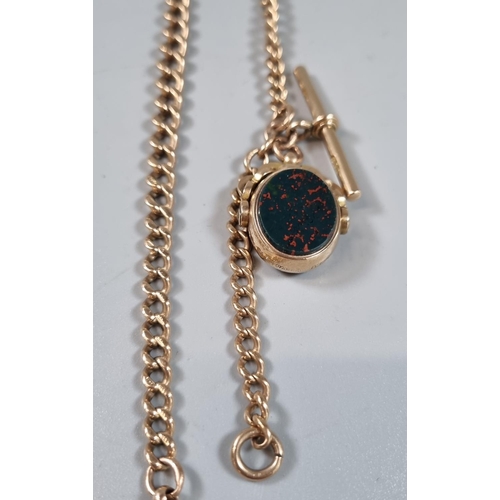 378 - 9ct gold curb link Albert pocket watch chain with T bar and blood stone fob.  57.5g approx.  58cm lo... 