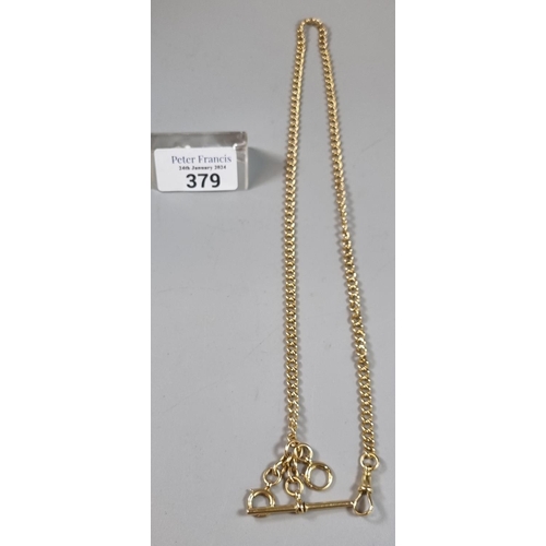 379 - 18ct gold curb link Albert pocket watch chain with T bar.  39.3g approx.  56cm long approx.   (B.P. ... 