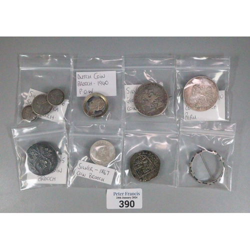 390 - Collection of silver and other brooches to include: 1819 George III coin, German coin, Dutch prisone... 