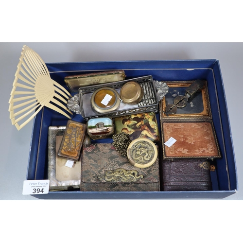 394 - Box of oddments to include: Chinese ladies purse, vesta case, pocket watch holder, ambrotypes, sover... 