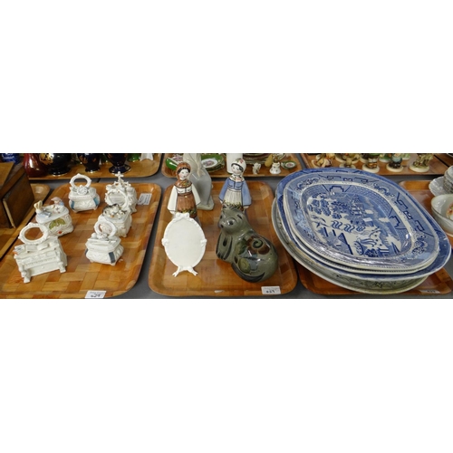 429 - Three trays of china to include: Staffordshire pottery blue and white willow pattern meat plates, tw... 