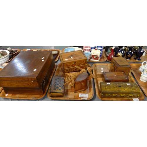 430 - Three trays of assorted items to include; wooden jewellery, trinket and pencil boxes, wooden inkwell... 