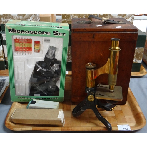 442 - Wooden cased vintage brass microscope marked Henry Crouch London, 4930, with accessories; spare lens... 