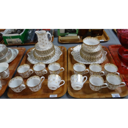 443 - Six trays of china to include: two trays of Spode 'Fleur-de-lis' gold design coffeeware, two trays o... 