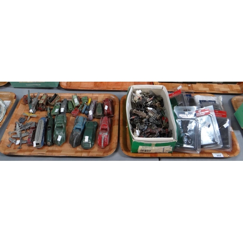 444 - Tray of vintage diecast model vehicles to include: racing cars, trucks, cannon, tinplate tractor, Di... 