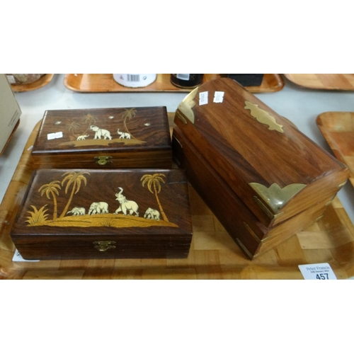 457 - Tray of wooden boxes to include: jewellery box with brass mounts and two boxes with inlaid elephant ... 