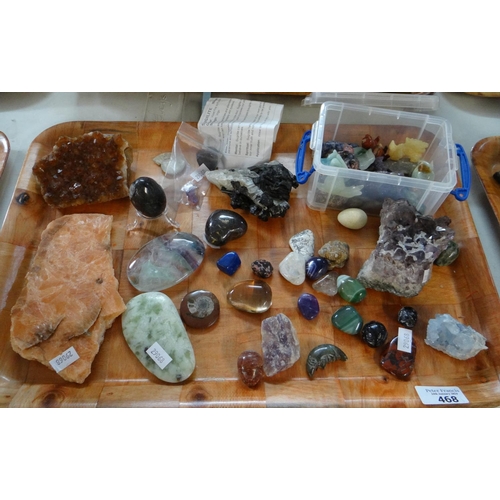 468 - Tray of crystals and stones, some carved into animal figures to include: amethyst, fossilised ammoni... 