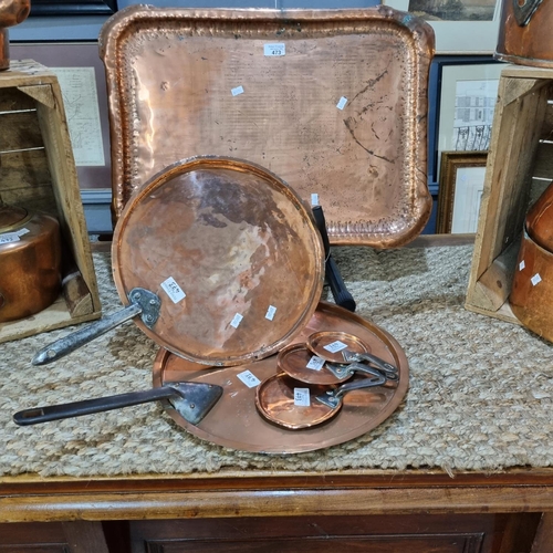 473 - Collection of Victorian copper saucepan lids, one marked 'VR' to include: a small graduated set, all... 