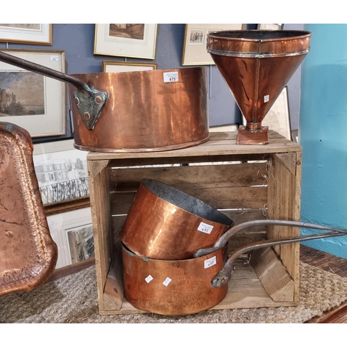 475 - Collection of 19th century copper saucepans with iron handles, together with a copper conical funnel... 