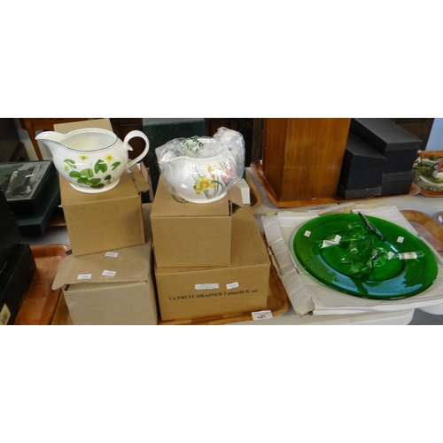 489 - Four trays of Portmeirion pottery china and glassware to include: 'The Lady's Flower garden' and 'We... 