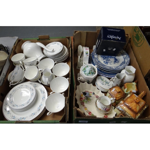 499 - Two boxes of china to include: Mayfair fine bone china teaset, Cottage Ware teapot and matching item... 