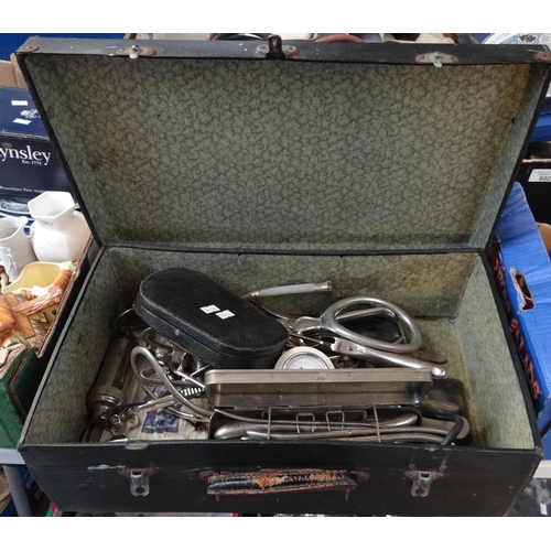 500 - Vintage suitcase and box containing medical equipment to include; cased otoscopes, chloroform mask, ... 