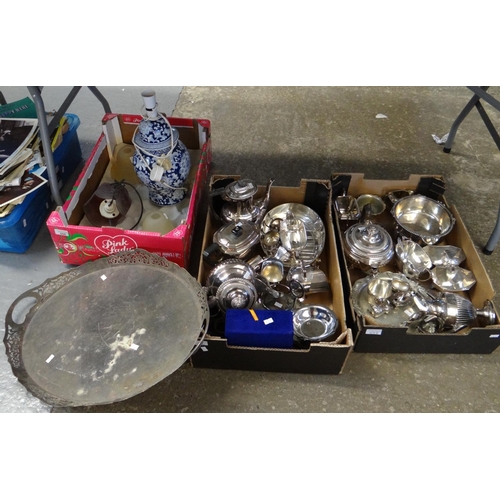 506 - Two boxes of silver plated items: tea ware, two handled tray, bowls, dishes etc.  together with a bl... 