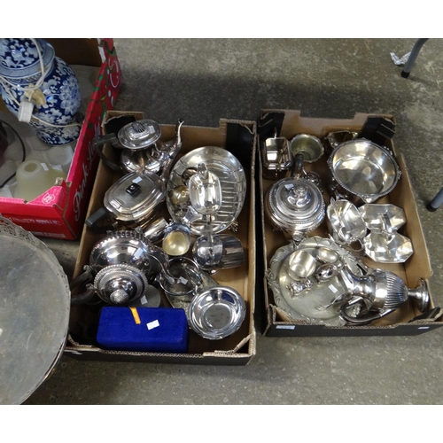 506 - Two boxes of silver plated items: tea ware, two handled tray, bowls, dishes etc.  together with a bl... 