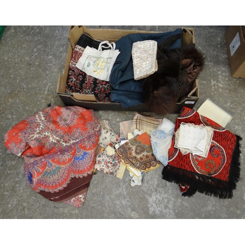 515 - Box of vintage fabric and accessories to include: fur stole, early 20th century printed shawls, silk... 