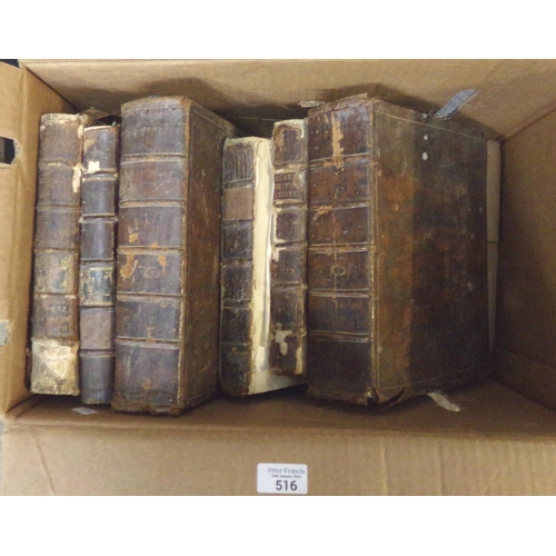 516 - Box of leather bound antiquarian history books to include; Clarke, Hewson Esq; 'An impartial history... 