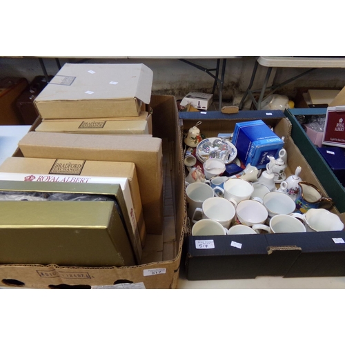 517 - Four boxes of assorted china to include: Royal Albert and other collectors plates, porcelain bells, ... 