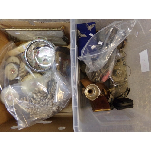 520 - Two boxes of oddments to include: coral sculpture, Japanese Imari and other plates and chargers, lad... 