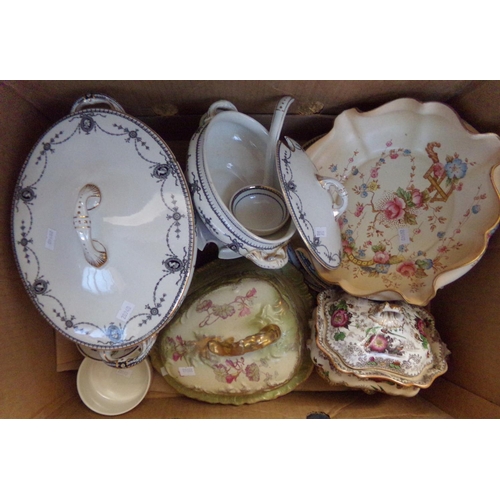 527 - Two boxes of china to include: dinner ware, bowls, cheese dish and cover, plates etc.  (2)   (B.P. 2... 