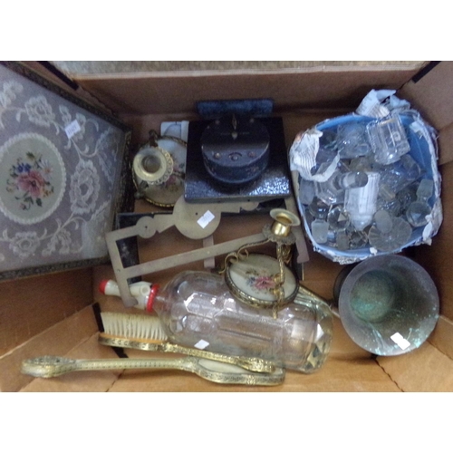 528 - Two boxes of china and other items to include: vintage soda syphon, glass decanter stoppers, dressin... 