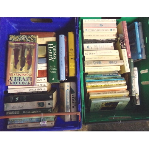 536 - Three boxes of books to include: various by Rosamunde Pilcher, Penelope Lively first editions; 'Heat... 