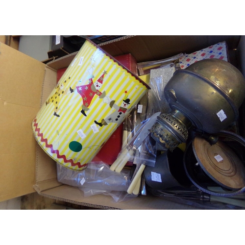 539 - Two boxes of assorted items to include: oil lamps, pewter items, clown bin, flat ware etc.  (2)   (B... 