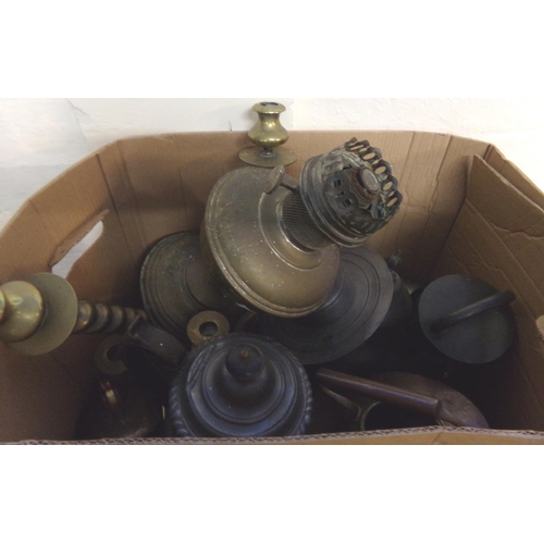 539 - Two boxes of assorted items to include: oil lamps, pewter items, clown bin, flat ware etc.  (2)   (B... 