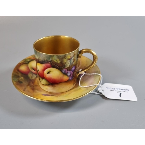 7 - Royal Worcester coffee can and saucer hand painted with fruits, signed H Everett. Puce printed marks... 
