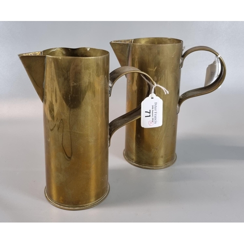 71 - Trench Art - pair of WWI period brass shell cases fashioned into jugs with conical spouts and loop h... 