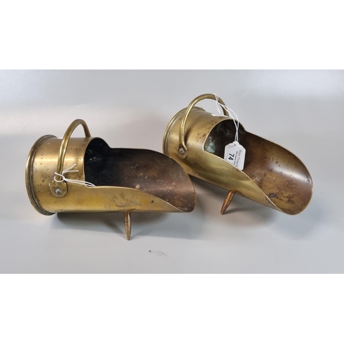 74 - Trench Art - pair of brass shell cases fashioned as sugar hods/miniature coal scuttles with swing ha... 