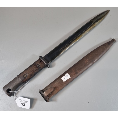 93 - German Mauser type bayonet with steel scabbard, the blued blade marked 'F Erderer'.  Missing top mou... 