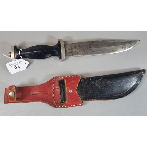 94 - German made Solingen Bowie type knife with clipped blade and ebonised handle with nickle mounts mark... 