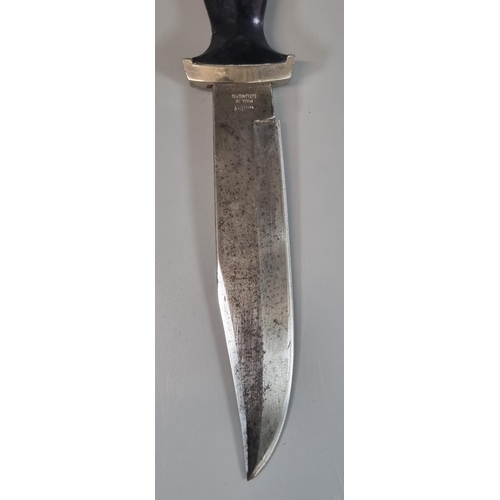 94 - German made Solingen Bowie type knife with clipped blade and ebonised handle with nickle mounts mark... 