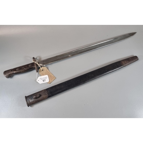 97 - British Enfield WWI period bayonet and scabbard, the scabbard scratch marked 'D J Jenkins 54848, RWF... 