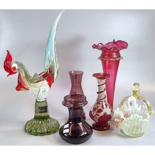 289 - Collection of glassware to include: cranberry glass trumpet vase, other coloured glass vases, Art gl... 