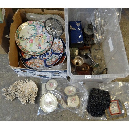 520 - Two boxes of oddments to include: coral sculpture, Japanese Imari and other plates and chargers, lad... 