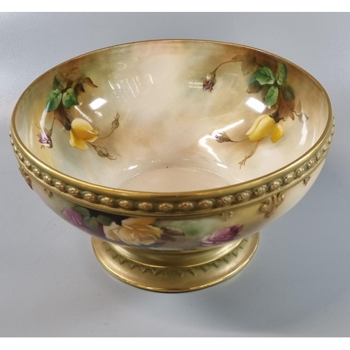 1 - Royal Worcester porcelain pedestal bowl, hand painted with roses and foliage with repeating beaded b... 