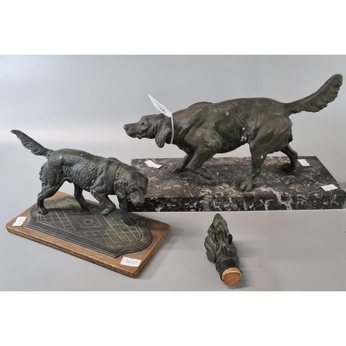 100 - Bronze study of a Retriever dog on marble finish base together with another metal study of a Retriev... 