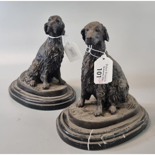 101 - After Barye, two bronze studies of seated Setter dogs on marble finish bases.  (2)   (B.P. 21% + VAT... 