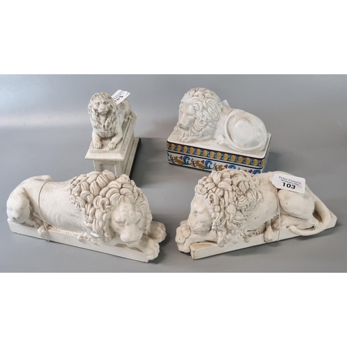 103 - Pair of 'The Chatsworth Crouching Lions' (modern), together with a marble finish of a male Lion on p... 