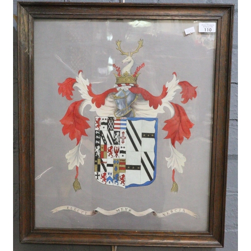 110 - Framed hand painted armorial bearing Latin motto 'Flecti Mens Nescia' (A mind that cannot be bent) B... 