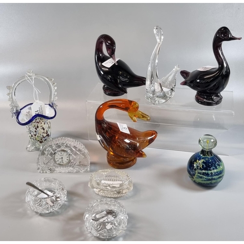 13 - Collection of glass to include Murano style basket, coloured glass birds, Edinburgh mantle clock, sa... 