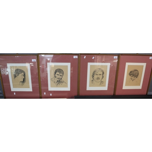 133 - After Brian Hayes, a group of four monochrome prints of pen and ink sketches, featuring Welsh rugby ... 