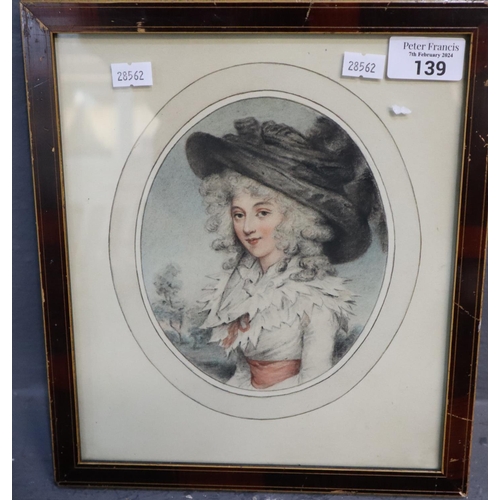 139 - After Gainsborough, portrait of a lady.  Coloured print.  17x14cm approx.  Framed and glazed.  (B.P.... 