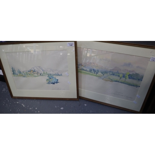 140 - French school (20th Century), landscapes, a pair, watercolours, titled and dated in pencil. 27 x 40c... 