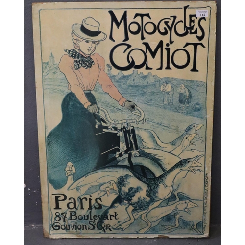 147 - Reproduction advertising poster on board 'Motorcycles Comiot'. 83 x 67cm approx. 
(B.P. 21% + VAT)