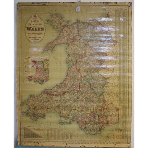 150 - Bacon's Excelsior Map of Wales and Monmouthshire with railways, roads and distances, a wall hanging ... 