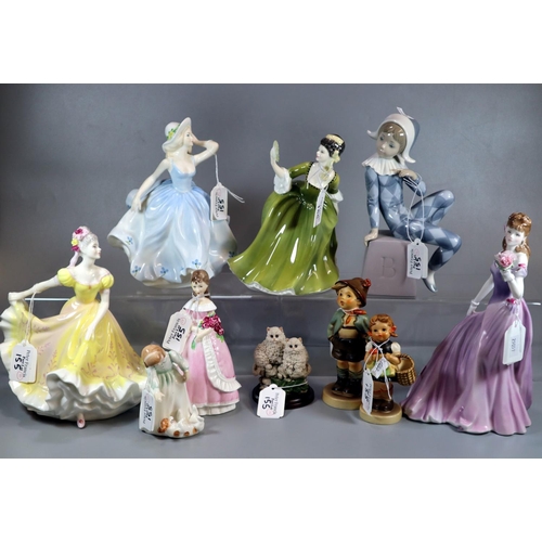 155 - Collection of bone china and other figurines to include: Ladies of Fashion, Royal Doulton, Hummel, L... 